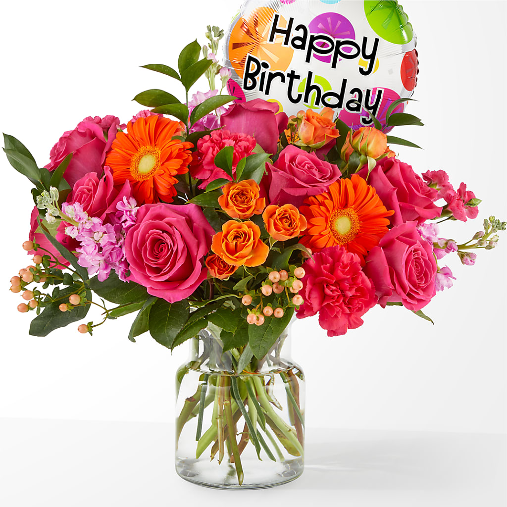 Fiesta Bouquet with Birthday Balloon – Tinys Flowers, Lansing IL
