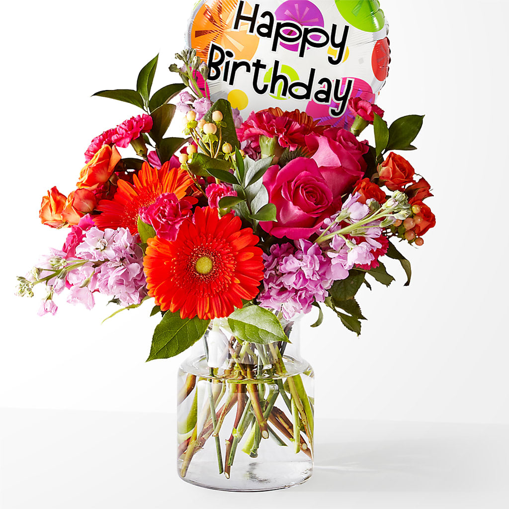 Fiesta Bouquet with Birthday Balloon – Tinys Flowers, Lansing IL