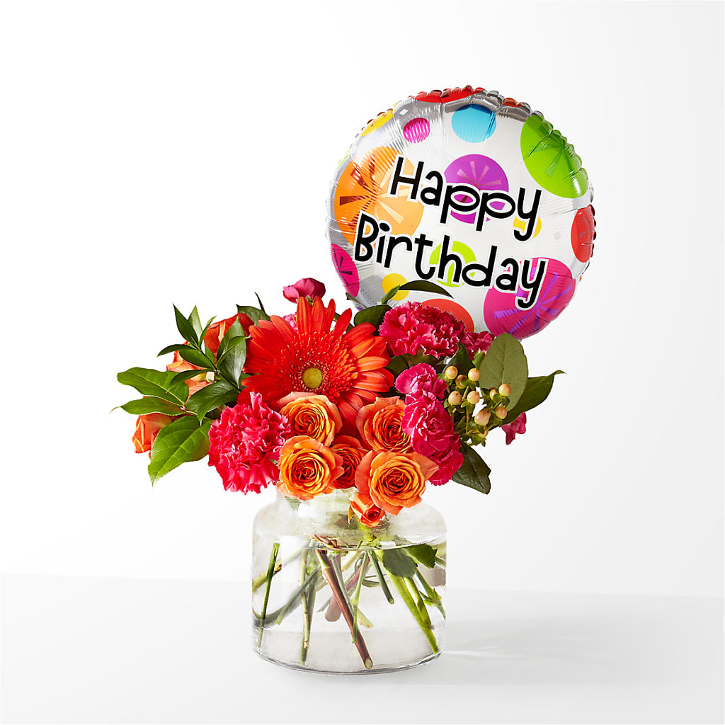 Fiesta Bouquet with Birthday Balloon – Tinys Flowers, Lansing IL