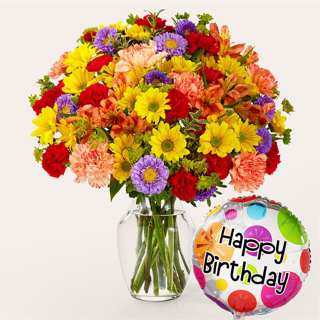 Kaleidoscope Bouquet with Birthday Balloon – Tinys Flowers, Lansing IL