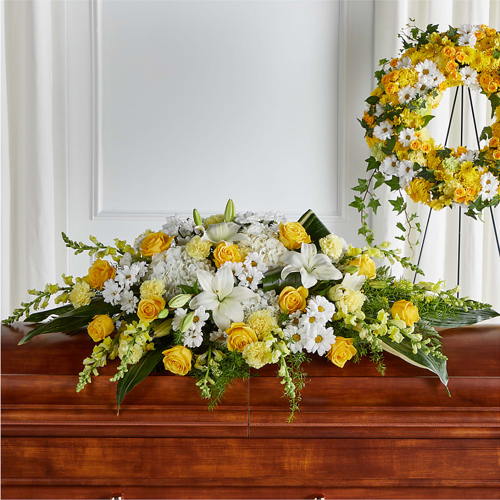 Golden Harmony Casket Spray – Tinys Flowers, Lansing IL