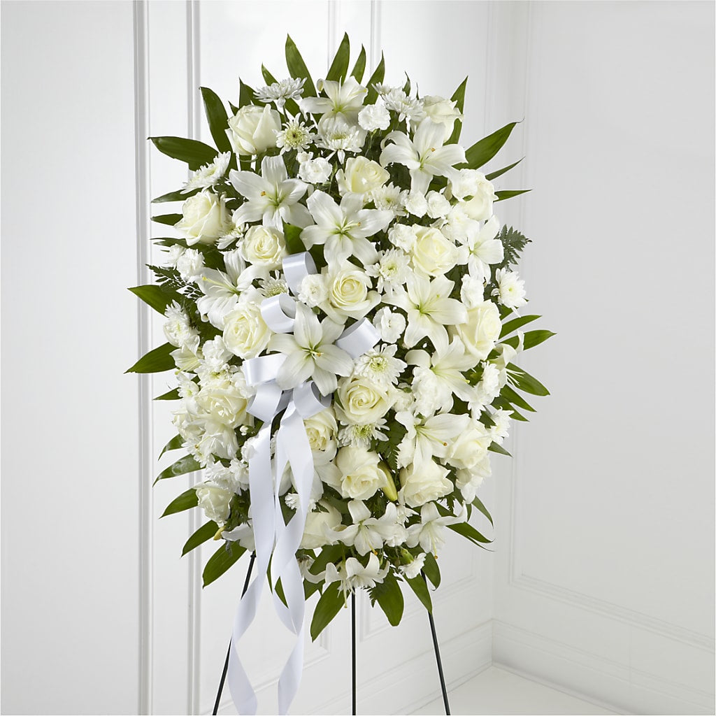 Exquisite Tribute Standing Spray-White Ribbon – Tinys Flowers, Lansing IL