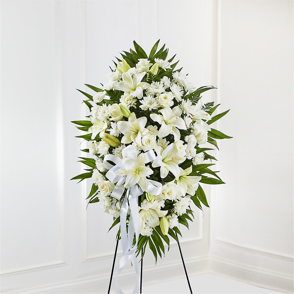 Exquisite Tribute Standing Spray-White Ribbon – Tinys Flowers, Lansing IL