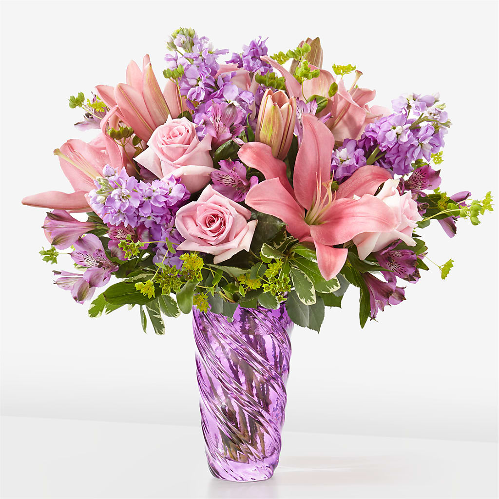 Precious Petals Bouquet with Luxe Swirl Vase – Tinys Flowers, Lansing IL