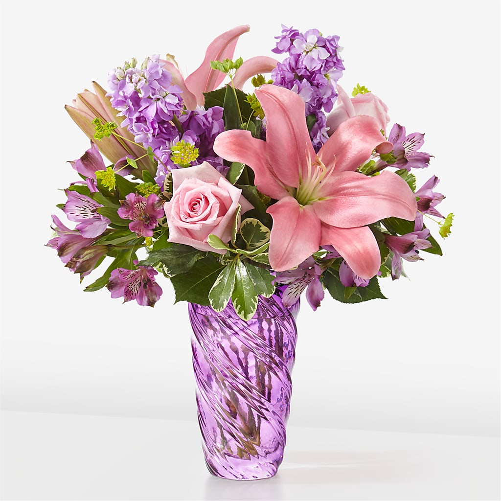 Precious Petals Bouquet with Luxe Swirl Vase – Tinys Flowers, Lansing IL