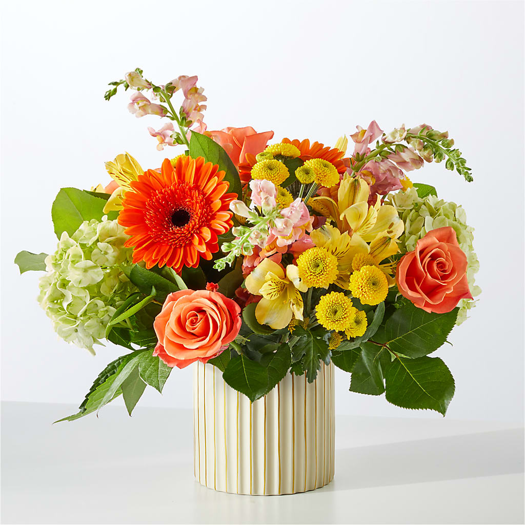 Autumn Sunshine Bouquet with Ivory Vase –  Tinys Flowers, Lansing IL